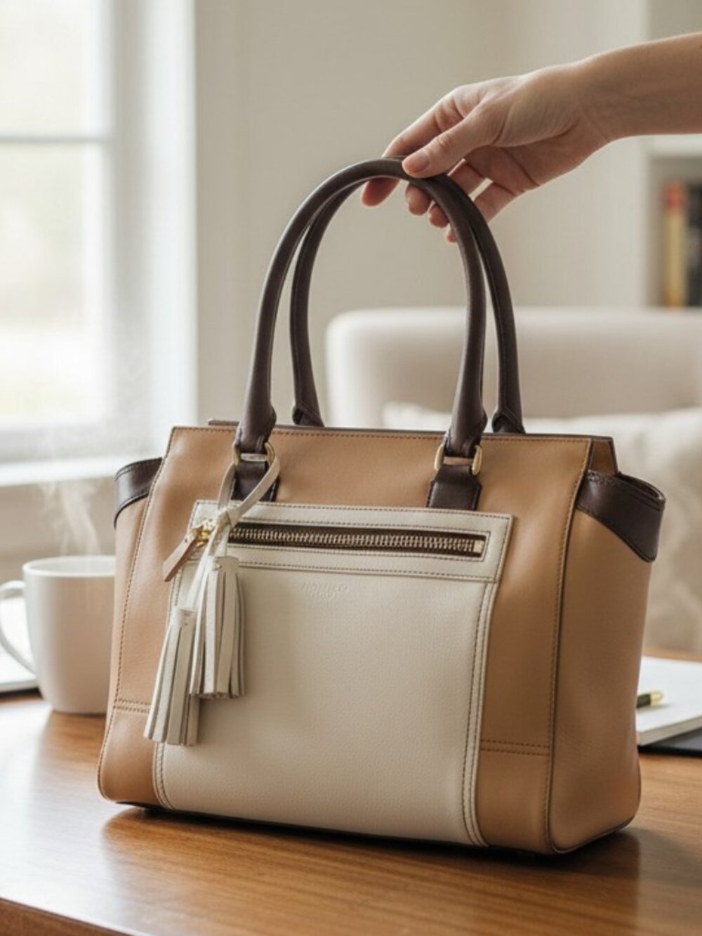 Coach Legacy Candace Carryall Tan Ivory Colorblock Tassel Tote